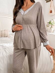 Moonlight&Mama Maternity Lace Patchwork V-Neck Cinched Waist Long Sleeve Pajama Set - Mocha Brown - View 8