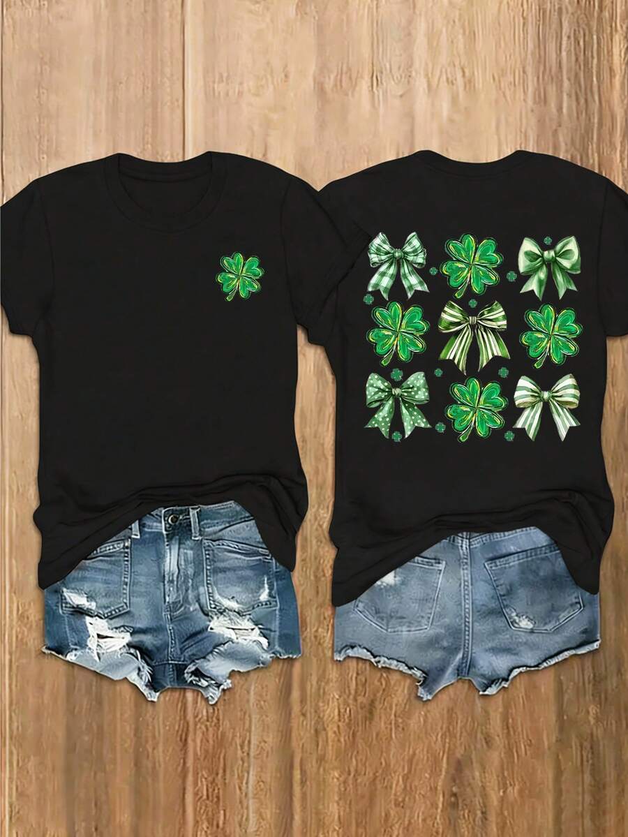 EMERY ROSE Women's Clover & Bow Print Round Neck T-Shirt - Black - View 1