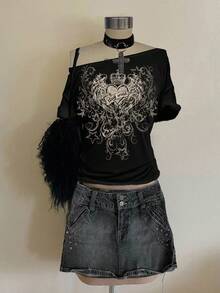 Attitoon Casual Loose Fit Women T-Shirt With Heart Wing Print, Suitable For Summer Spring - Black - View 6