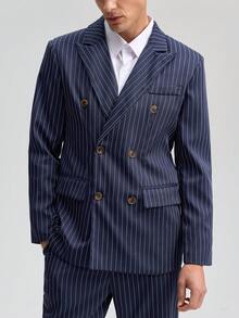 Officeau 男士两件套西装，条纹双排扣西装外套和西裤，正式商务、婚礼、派对、宴会等场合，春夏皆宜 - 藏蓝色 - 查看 6