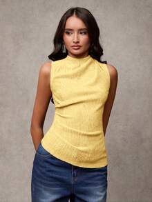 SHEIN BAE 女士休闲纯色纹理背心，夏季 - 黃色 - 查看 6