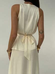 Aloruh Minimalist Commuter Deep V Cinched Waist Blouse + A-Line Skirt Set For Women Ivory Dress - Apricot - View 6