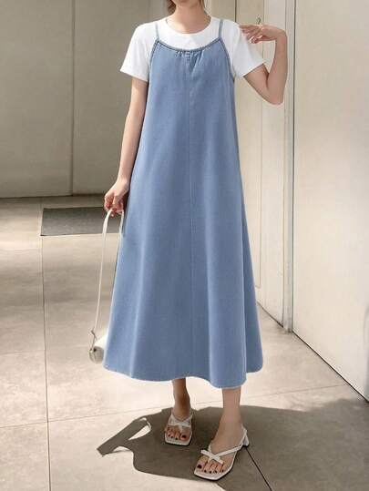 Tween Girls Fashion Casual Y2k Vintage Cool Street Blue Denim Halter Top With Loose And Comfortable Fit Dress For Tween Girl Clothes Tween Girls Dailywear And Tween Girl Spring To Summer Rave Outfits Festival And Outfits Streetwear Clothes