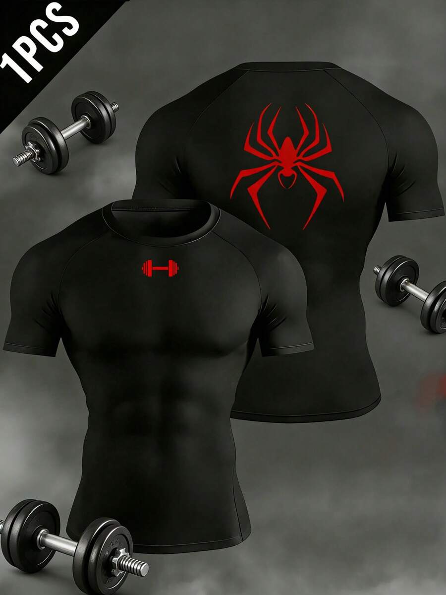 GymBeat Men's Spider Print Raglan Short Sleeve Casual Fitness Workout T-Shirt Compression Shirt Men - Black - View 1