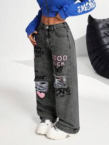 SHEIN PETITE Women's Casual Distressed Straight Leg Jeans, Blue Print - Dark Grey - View 5