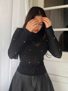 Livesso Women's Rhinestone Shiny Black Camisole, Basic Slim Fit Top, Suitable For Autumn, Winter, Spring, Summer, New Year, Christmas, Fashion Party, Thin Mesh - Black - View 7