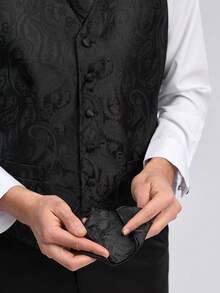 Officeau Men Waistcoat Black Paisley Vest Tie Handkerchief Cufflinks Set Wedding Formal Casual