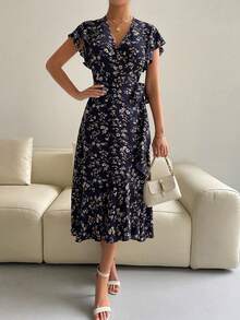 Breezaya Maxikleid für Frauen mit Blume Muster, Schmetterlings-Ärmeln und Knoten an der Seite, in Burgunderrot - marineblau - Übersicht 4