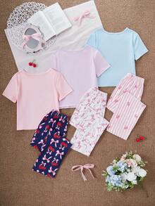 少女睡衣 - 两件套夏季睡衣套装，短袖圆领上衣，长裤，蝴蝶结，樱桃爱心印花，粉嫩淡紫色，天蓝色，轻薄透气，适合度假穿着，2026 必备单品，可爱礼物 - 彩色 - 查看 2