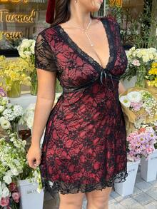 GalTyme 大码女士性感优雅度假风深V领蕾丝腰身连衣裙，夏季 - 彩色 - 查看 5