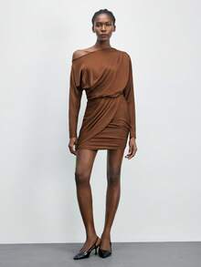 Maija Short Stand Collar Long Sleeve Dress - Brown - View 2