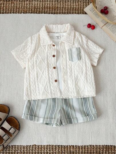 SHEIN 2件套男婴夏季休闲度假可爱绿色条纹口袋装饰短袖衬衫和松紧腰短裤套装