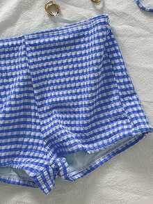 Swim Mod 粉色格子三角吊带性感比基尼两件套泳衣，女士短裤沙滩海岛度假休闲泳池派对可爱清新女式泳装 - 寶藍色 - 查看 3