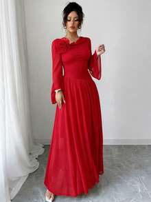 Rafferiza 女士新品：春、夏、秋季 - 优雅、浪漫、华丽 - 生日派对、晚宴、度假、日常穿着 - 优雅通勤 - 法式不对称肩领设计 - 手工缝制3D花朵 - 显瘦腰身 - 雪纺拼接 - 开衩 - 飘逸喇叭袖 - 女士中长款晚礼服 - 派对、圣诞节、新年时尚连衣裙 - 生日礼服 - 穆斯林连衣裙 - 红色长裙 - 情人节外出 - 大碎花连衣裙 - 嘉年华连衣裙 - 红色连衣裙 - 保守连衣裙 - 女孩派对连衣裙 - 不对称领连衣裙 - 浪漫雪纺连衣裙 - 紅色 - 查看 6