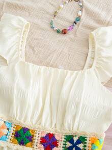 Sparklyn Teen Girls Boho Tiered Ruffle Dress - Sleeveless Square Neck A-Line Mini Dress With Colorful Crochet Waistband For Summer Beach Vacation - Apricot - View 3