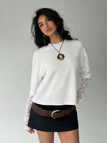 Aloruh Áo thun nữ cổ tròn dáng ôm, màu trơn, kiểu dáng thường ngày, phối ren ngọt ngào. - trắng - Xem 6