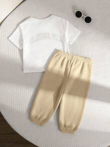 2 piezas Conjunto de camiseta de manga corta y pantalones de punto primaveral casual y lindo para niña - Blanco - Ver 2