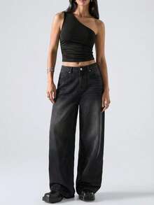 SHEIN EZwear 女士Y2K纯色褶皱无袖短款修身时尚上衣