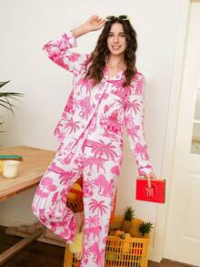 女士休闲撞色老虎、椰子树、建筑印花翻领纽扣前襟长袖宽松梭织睡衣套装 - 白色 - 查看 2