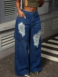 Slaydiva Plus Size Casual Washed Distressed Wide Leg Jeans - Dark Wash - View 2