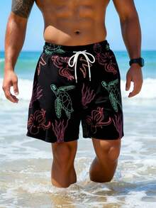 Manfinity VDAYZ 男士休闲沙滩海龟印花短裤 - 黑色 - 查看 4