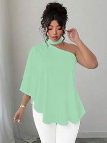 SHEIN Elenzya 大码斜领露背扎染印花衬衫 - 綠色 - 查看 4
