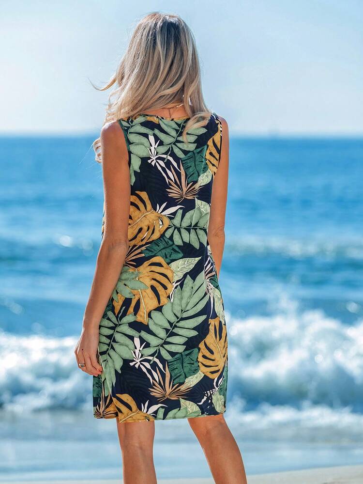 Robe d'été imprimée tropicale, robe débardeur, vacances