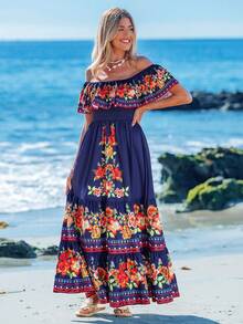 Sylviya Floral Print Off Shoulder Ruffle Hem Dress,Vacation - Blue - View 3