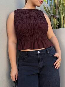 Nezia Cruz Plus Size Women Summer Boho Elastic Ruched Camisole Top - Brown - View 6