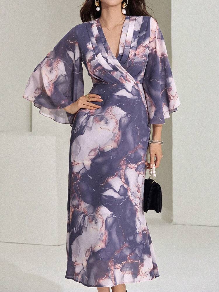 Women's Tie-Dye Print V-Neck Wrap Midi Dress Sundress