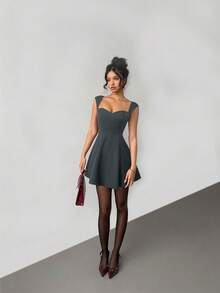 Aloruh Women's Sweetheart Neck Cap Sleeve Ruffle Hem Casual Mini Dress, Grey - Grey - View 4