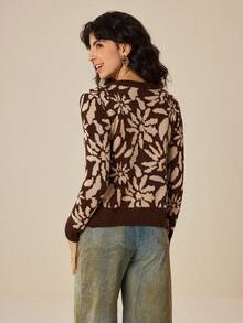 Felipe Marques Women's Floral Print Cardigan Sweater, Long Sleeve Open Front Casual Jacket For Autumn/Winter, Suitable For Vacation, Party, Evening Event - Brown - View 2
