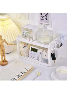 1个ins风双层镂空桌面收纳架，带挂钩、笔筒和储物架