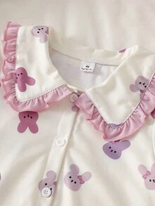2pcs/Set Toddler Girls Cute Rabbit Print Elegant Ruffle Collar Lantern Sleeve Short Sleeve Cardigan Top And Casual Pants Homewear Set Girls Bunny Pajamas Ruffle Pajamas Girls Sleepwear Cute Sleepwear Pajama Set - Apricot - View 8