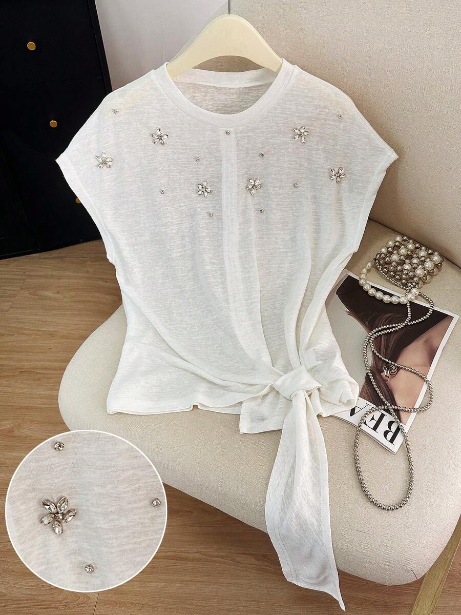 GlowEve 女士休闲系带水钻装饰T恤，夏季 - 杏色 - 查看 1