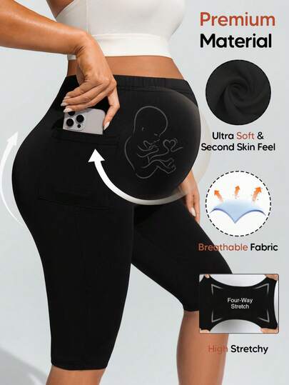 SHEIN Maternity Solid Color Casual Pocket Leggings, Comfortable & Stretchy