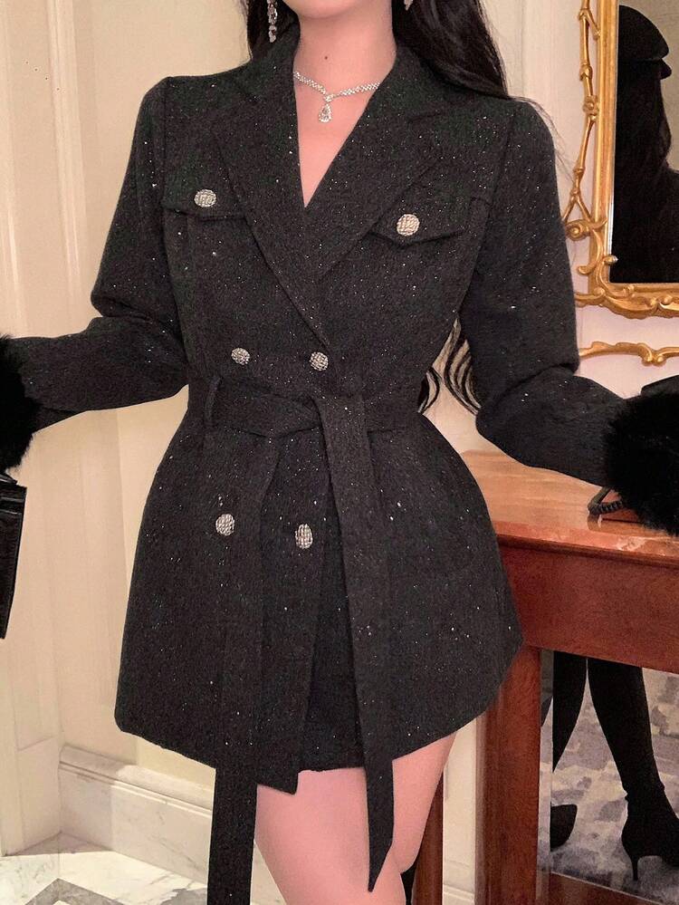 Women's Woolen Coat With Plush Patchwork, Loose Business Casual Style, Suitable For New Year, Christmas, Wedding, Party, Fashion Metal Buckle Waist Belt, Tie-Up, Sequin Decor, Mid-Length, Autumn/Winter Jacket
