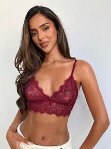 Aloruh Lady Red 半罩杯蕾丝文胸，适合外出工作穿着，纯色蕾丝衬里文胸，带有睡衣风格装饰 - 酒紅色 - 查看 5