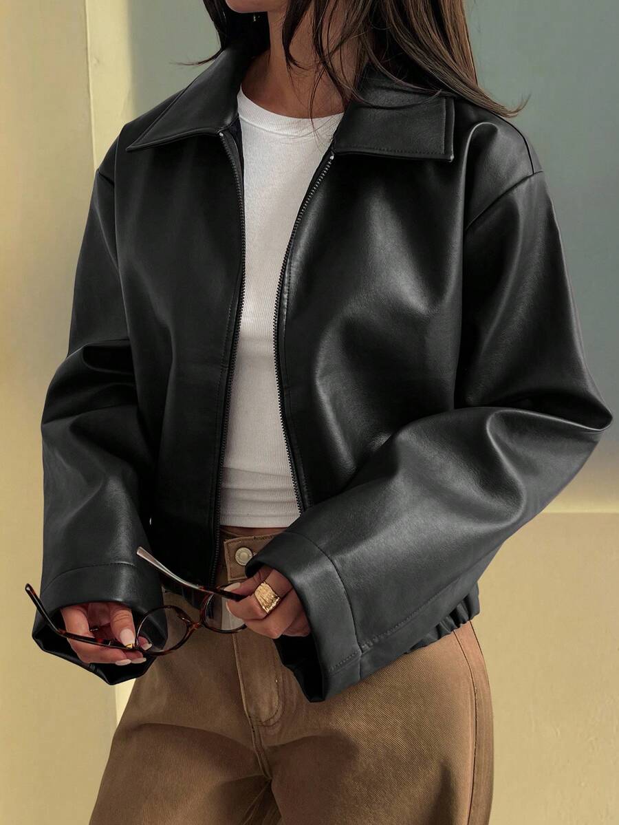 Livesso Women's Loose Casual Faux Leather Jacket, Regular Fit, Autumn/Winter - Black - View 1