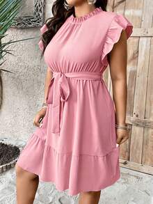 Breezaya Đầm ren xếp tầng, gấu đầm xếp ly, thắt eo, màu đỏ tía dành cho nữ. - Bụi hồng - Xem 5
