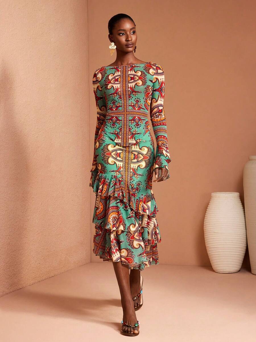 JIAN LASALA 全身印花网纱弹力高腰层叠式女士中长裙 度假休闲波西米亚风 - 彩色 - 查看 1