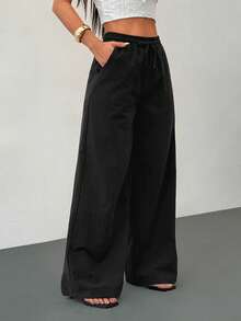 SHEIN PETITE Women's Summer/All-Season Country Concert Going Out Beach Boho Basic Minimalist Washed 100% Cotton Curved Hem Pants - Black - View 3