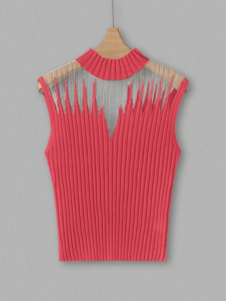 Franclia Top tricoté transparent sans manches avec patchwork en maille bicolore pour femmes - Rose orangé - Voir 1