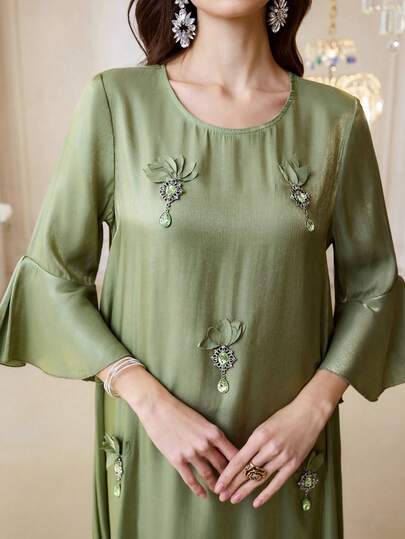 Al Najma 女士纯色贴花荷叶边下摆优雅土耳其长裙和阿拉伯传统长袍