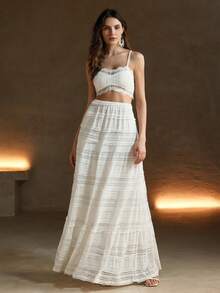 Anewsta Conjunto de dos piezas de unicolor con encaje, estilo de moda europeo y americano, para ropa de fiesta de vacaciones - Blanco - View 3