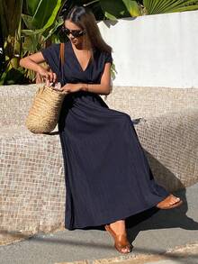 Livesso Women's V-Neck Waist Cinched Mid-Length Dress, Short Sleeve Vacation