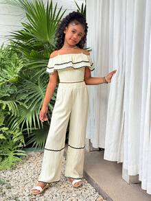 Tween Girls' Holiday Spring/Summer Ruffled Trim Black & White Contrast Wavy Strap Cropped Off-Shoulder Top + Loose Wide-Leg Woven Pants Shirt Set - Apricot - View 1