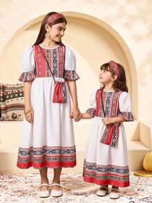 SHEIN Tween Girls Vacation A Line Midi Dress White Geometric Round Neck Puff Short Sleeve Flared Polyester Summer Dress - White - View 6