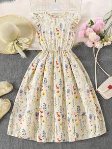 Sparklyn Floral Print Cap Sleeve Waist Cinched Dress For Teen GirlSuitable For Vacation, Casual And Daily Wear - Red - View 5