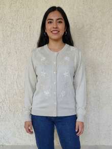 Suéter de punto suave para mujer con bordado de flores de colores - Blanco marfil - Ver 1